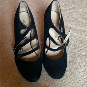 Black three strap high heels